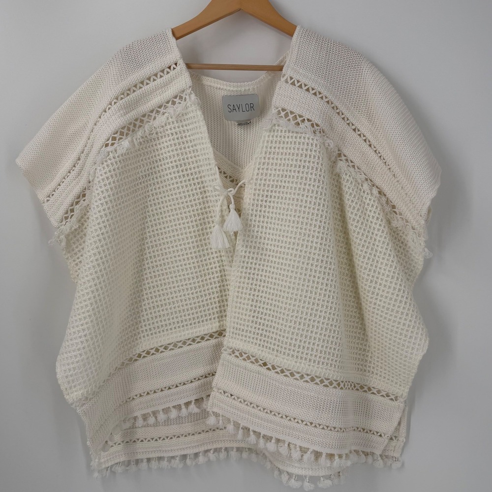 Saylor Knit Poncho Womens SZ XS Ivory Crochet Tassel Boho Beach Cover Up